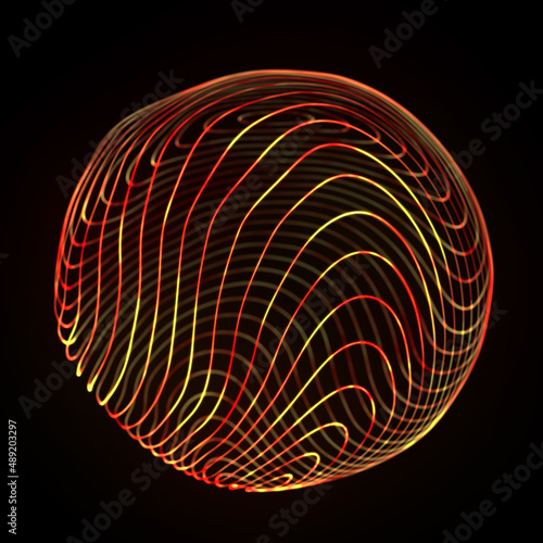 Wireframe red sphere with twisted lines. Futuristic technology circle with twisted glowing lines. Abstract 3d logo. Illustration of curled stripes shape.
