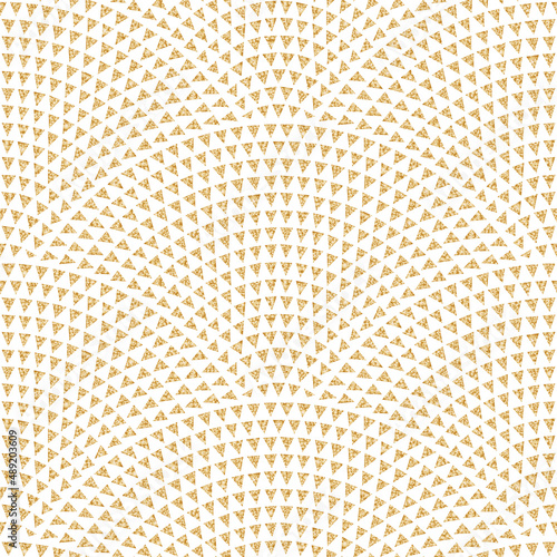 Vector seamless fish scale pattern with geometrical waves. Gold twinkles on a white background. Fan shaped firework burst. Christmas, New Year holiday decoration