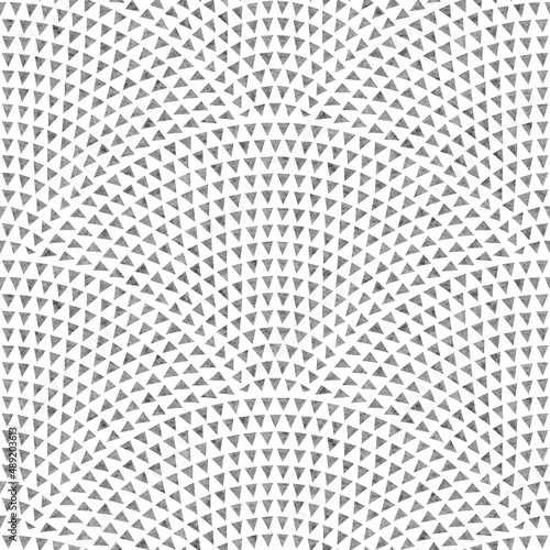 Vector seamless pattern with fish scale order. Small grey watercolor painted triangular elements on a white background. Peacock tail ornament, fan shaped print