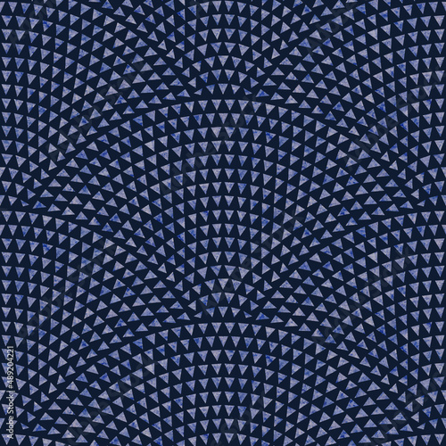 Vector seamless pattern with fish scale order. Small blue watercolor painted triangular elements on a dark indigo background. Peacock tail ornament, fan shaped print