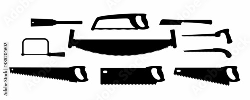 Vector illustration hacksaw black and white silhouettes isolated on white background. Different types of carpenter or repairmen handsaw vector icons set. Construction tool for cutting metal and tree. photo