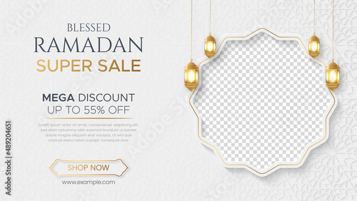 Ramadan Kareem Luxury Sale Banner, Islamic Ornament Lantern Background, Ramadan sale social media post with empty space for photo