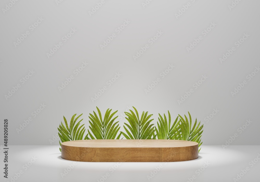 Wood product display podium with leaf. 3d rendering.