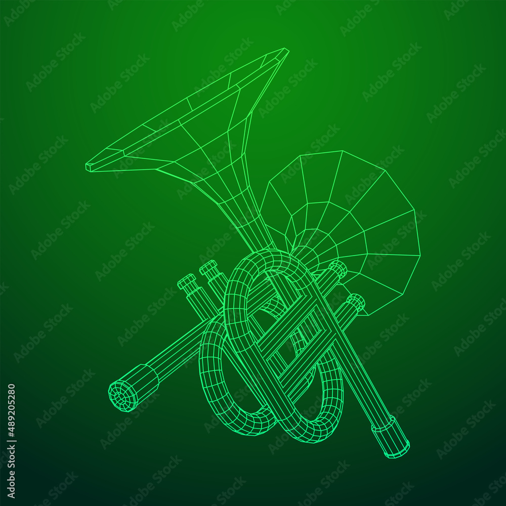 Trumpet pipe fife musiacal instrument. Wireframe low poly mesh vector illustration. Trumpet pipe fife musiacal instrument. Wireframe low poly mesh vector illustration.