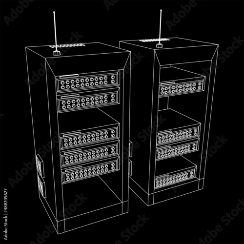 Data network server in cabinet. Diagnostic test in computer room technology communication computers and device concept. Wireframe low poly mesh vector illustration.