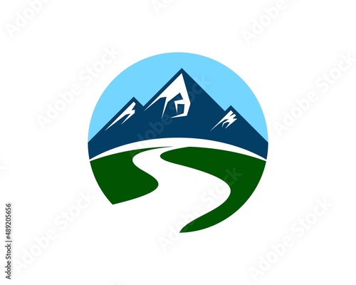 Circle shape with mountain and road inside
