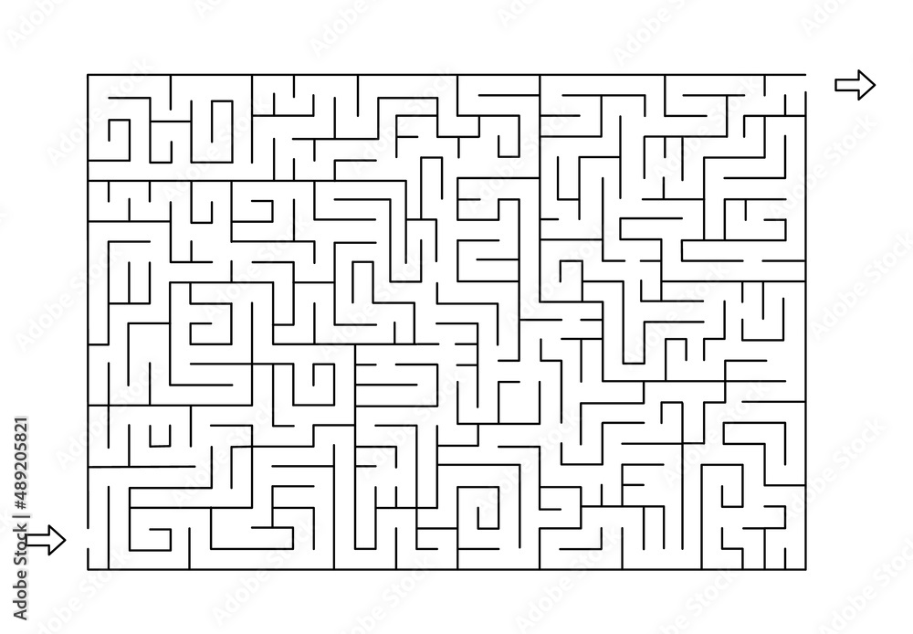 Rectangle labyrinth with entry and exit. Line maze game. Hard -Medium complexity. Kids maze puzzle, vector illustration