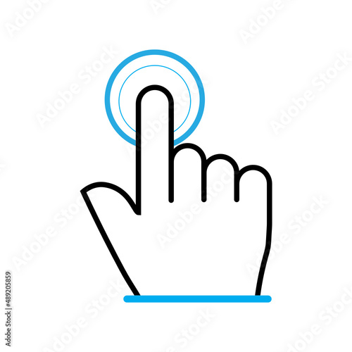 Click here the hand button. Finger click icon. Hand action button. Computer mouse hand pointer symbol. Hand button for website design. SVG click here hand button. 