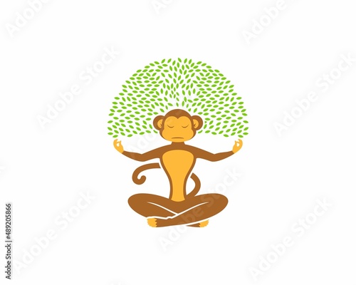 Monkey meditation with green leaves on top