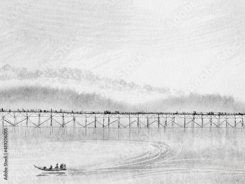 Sketch image : Mon bridge ,Beautiful landmark and Famous Wooden bridge on fine printing paper, Sangkhaburi ,Kanchanaburi ,Thailand