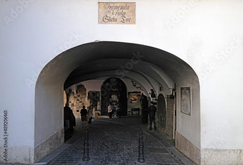 Faithful in prayer in the chapel of Our Lady of the Kamenita vrata (Stone Gate) in Zagreb, Croatia photo