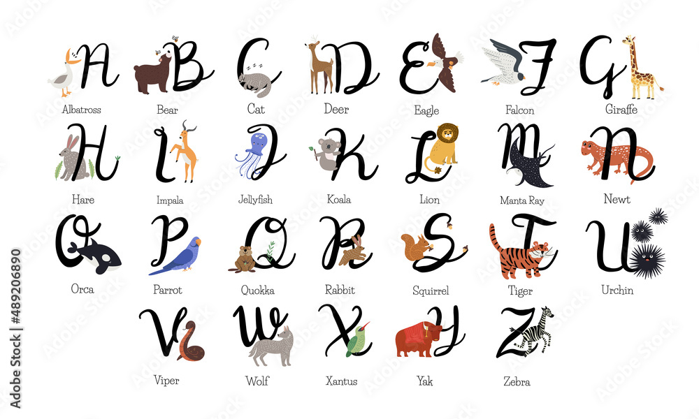 Naklejka premium Set with full English alphabet, with animal names from a to z. Hand drawn cute childish animals and capital calligraphy letters in cartoon flat design, isolated on white vector illustrations
