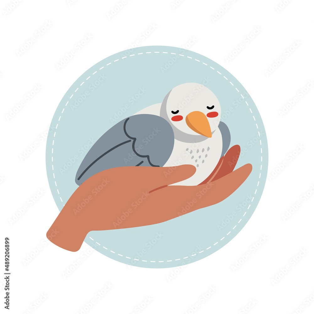 Hand drawn vector illustration with little bird in human hand, flat design. Concept of taking care of the Planet Hand drawn vector illustration with little bird in human hand, flat design. Concept of taking care of the Planet