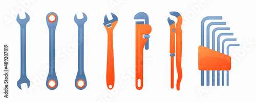 Vector illustration various wrench spanners isolated on white background. Set of steel wrench icons in flat cartoon style. Metallic mechanic, plumber or engineer key tools. Alen wrench. Hexagon tools.