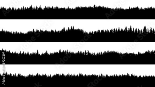 Set of horizontal stripe silhouettes with coniferous forest (pine, spruce, cedar).