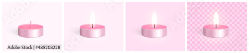 Romantic pink tea light. Realistic rose scented candle in a metal case on pink backgrounds of different lightness and a transparent background. Template for holidays design