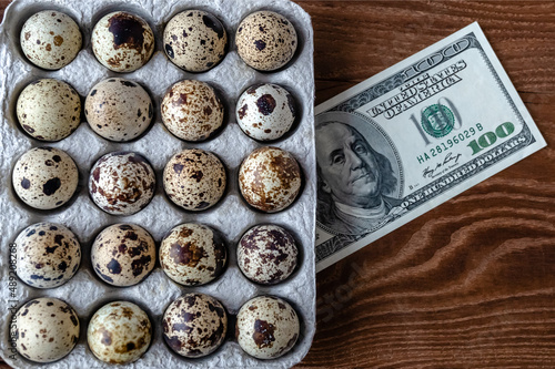 quail eggs in cardboard packaging on wooden background for sale to client and money. Top view. Business quail breeding, poultry farming