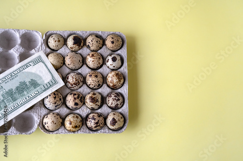 quail eggs in cardboard packaging on yellow background for sale to client and money. Top view. Business of quail breeding, poultry farming. Healthy food, diet