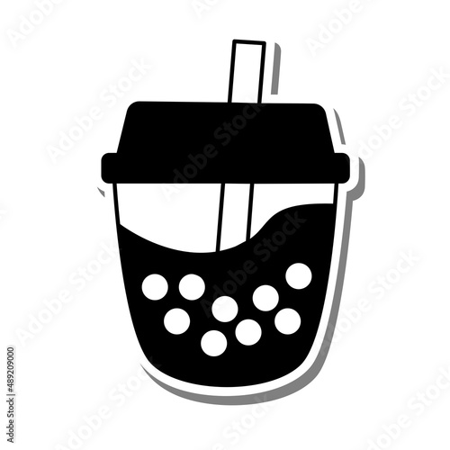 Monochrome Bubble Milk Tea on white silhouette and gray shadow. Hand drawn cartoon style. Vector illustration for decorate and any design.