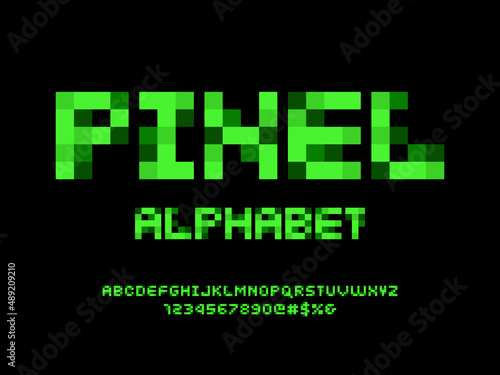 8 bit pixel style alphabet design with uppercase, numbers and symbol