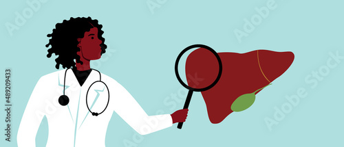 Gastroenterologist with magnifying glass, dagnostics of liver and gallbladder, flat vector stock illustration with doctor and gastro disease