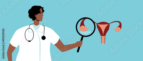 Gynecologist with magnifying glass and diagnosis of diseases of reproductive organs, flat vector stock illustration with gynecological organs and infertility treatment