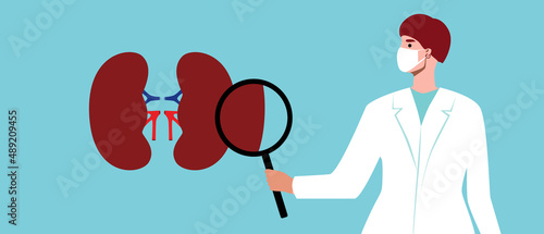 Urologist with magnifying glass and diagnosis of diseases of urinary system, flat vector stock illustration with doctor in white coat and kidneys