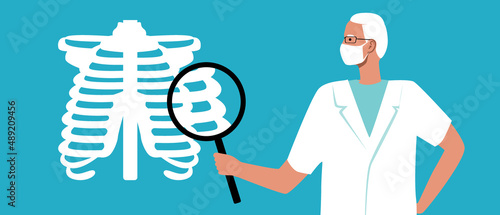 Surgeon or orthopedist with magnifying glass and diagnosis of diseases of musculoskeletal system, flat vector stock illustration with doctor in white coat, spine, ribs