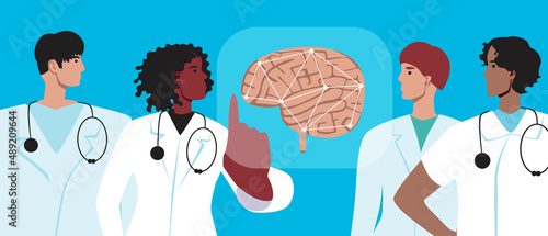 neuroscientists or neurologists and brain, flat vector stock illustration with doctors and human neurological organ