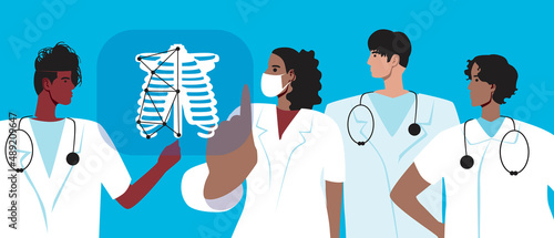 Orthopedists and spine, flat vector stock illustration with doctors and human musculoskeletal organs