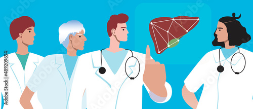 Gastroenterology and liver, gallbladder, flat vector stock illustration with doctors and human gastro organ, training of students in medicine