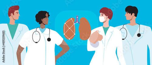 Pulmanology with lungs or bronchi, flat vector stock illustration with doctors and human respiratory organ, training of medical students