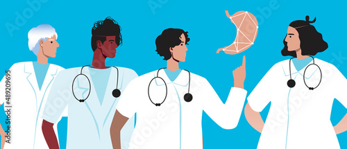Gastroenterology and healthy stomach, flat vector stock illustration with doctors and human organ