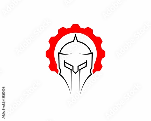 Spartan helmet with gear wheel behind