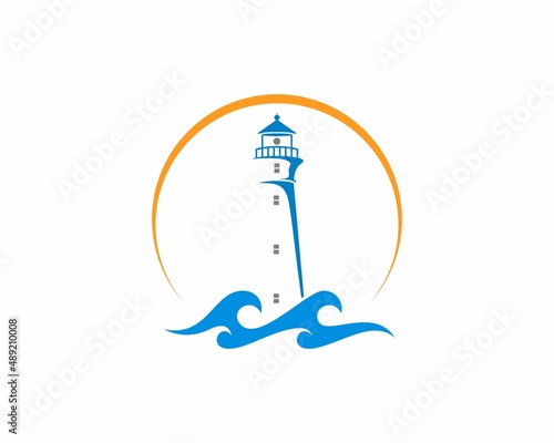 Lighthouse and sea wave illustration logo