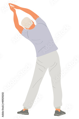 Grandpa goes in for sports after retirement, flat cartoon realistic vector illustration. Active lifestyle of an old man, leisure of a pensioner and yoga classes.