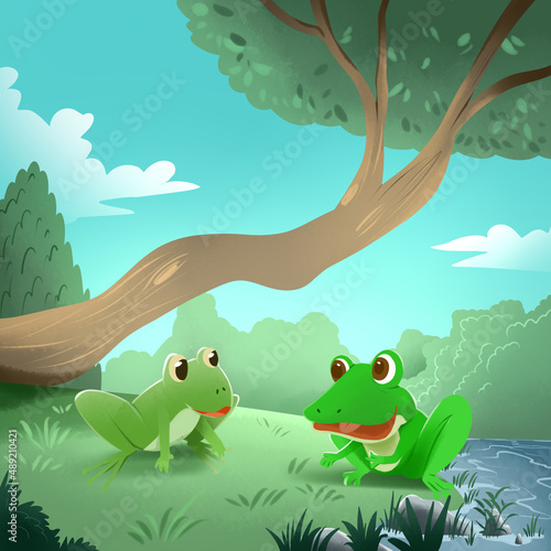 Fototapeta Naklejka Na Ścianę i Meble -  illustration of two cute frogs in green nature