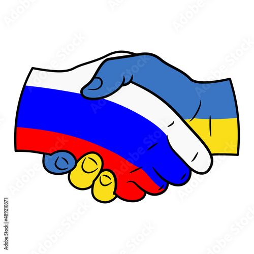 Peaceful handshake logotype. Hands in Russian and Ukrainian flag colors shaking. Support image against war between ukraine and russian federation. Gesture of peaceful relationship of nations