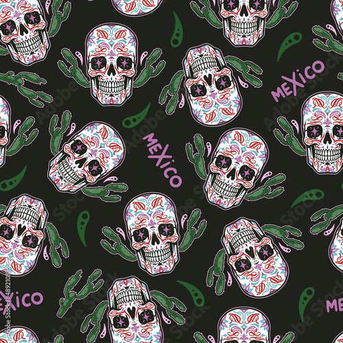 Skull with cactuses seamless pattern