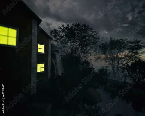 Water mill house with illuminated windows between trees under a cloudy sky during twilight. 3D render.