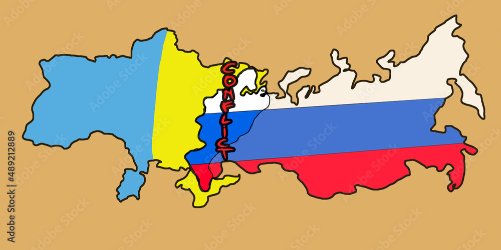 Obraz premium Ukraine and Russia banner on brown background with the words , STOP THE WAR, Russia-Ukraine Conflict