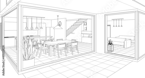 interior kitchen living room 3d illustration