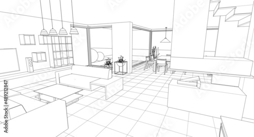 interior kitchen living room 3d illustration