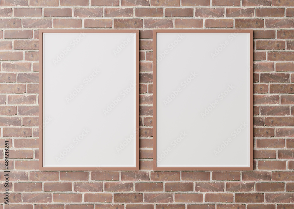 Two blank vertical picture frames hanging on brown brick wall. Template, mock up for your picture or poster. Copy space. 3D rendering. Two blank vertical picture frames hanging on brown brick wall. Template, mock up for your picture or poster. Copy space. 3D rendering.