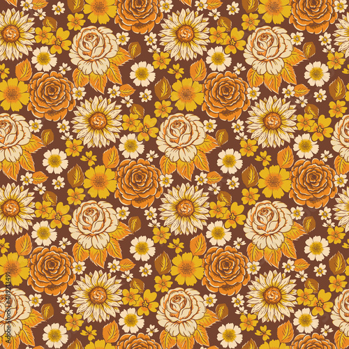 seamless pattern with bright flowers in the style of the 70s