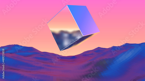 Mysterious chrome cube flying over alien planet terrain. 80s styled retro sci-fi landscape with mountains and sundown.
