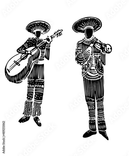 drawing picture of street dressy mexican mariachi musicians playing trumpet and guitar, sketch, hand drawn digital vector illustration