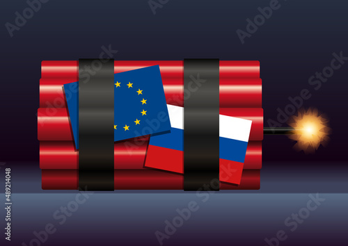 Concept du danger du déclenchement d’une guerre entre la Russie et l’Ukraine, avec le symbole des drapeaux Russe et Européen, associés à des bâtons de dynamite.