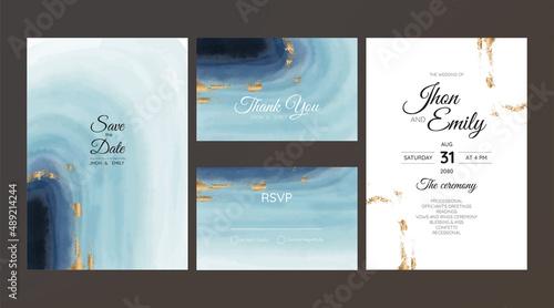 wedding invitation cards, watercolor textures and fake gold splashes for a luxurious touch