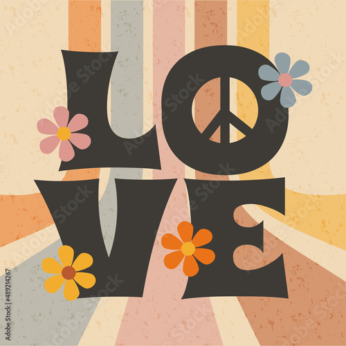hippie retro poster lettering: love with flowers, vintage